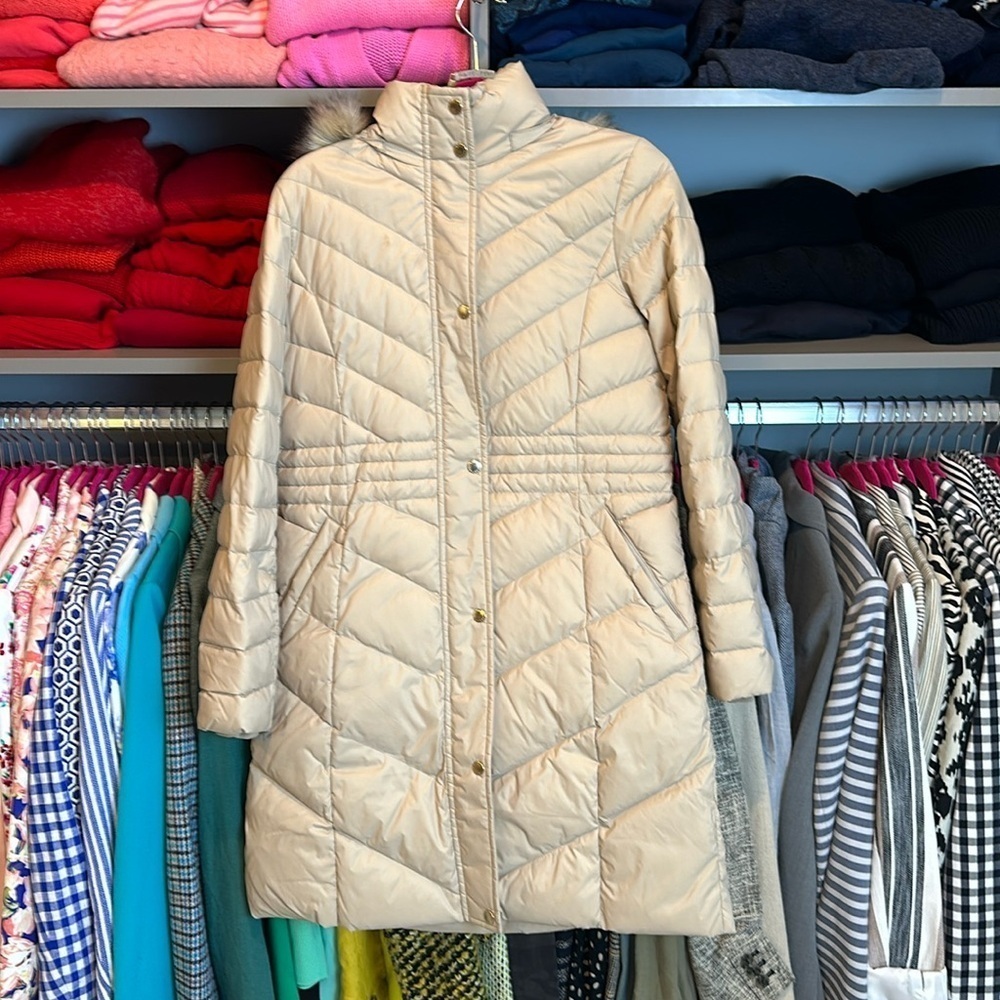 Talbots tan puffer coat with detachable faux fur hood size XS